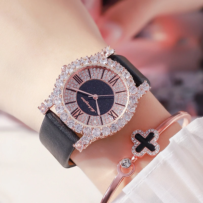 Fashion Diamond Bling Crystals Women Wristwatch Small Thin Luxury Bracelet Leather Elegant Female Dress Clock Relogio Feminino