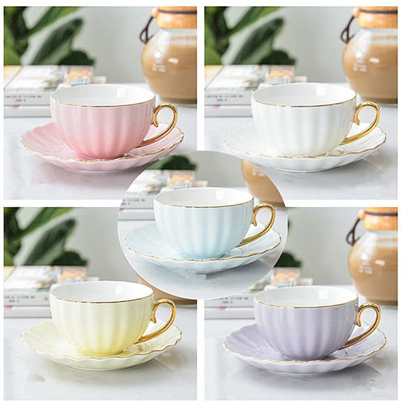 7 Colors Pink Bone China Coffee Cup And Saucer Spoon One Set 200ML English Afternoon Tea Cups Party Coffeeware Coffee Mug Cups