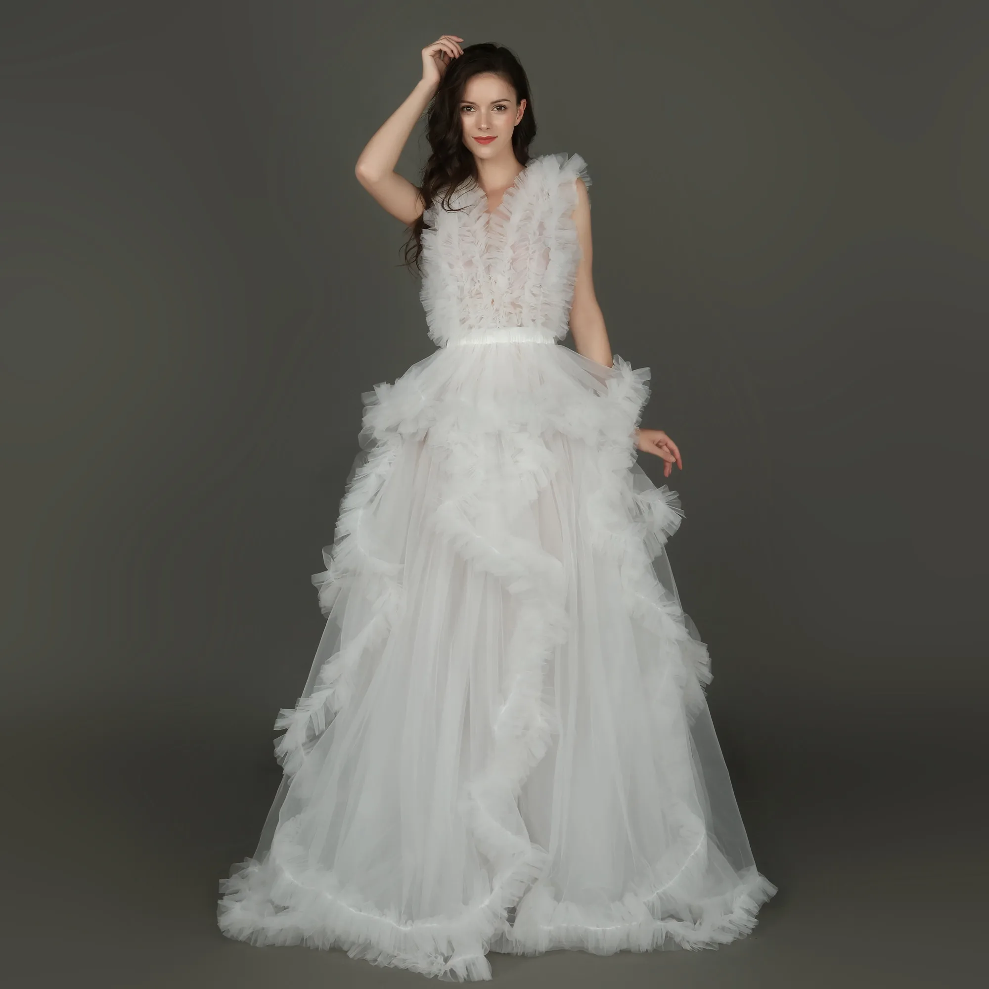 Abiti da sera lunghi ed eleganti in pizzo 2021 abiti premaman in Tulle Champagne con scollo a v per servizio fotografico Robe abiti formali da donna incinta