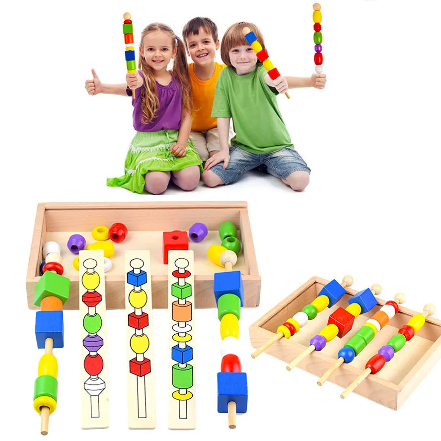 Jogo de materiais montessori de madeira, conjunto de contas para crianças com lantejoulas, formato colorido, vara, miçangas, bloco de brinquedo clássico