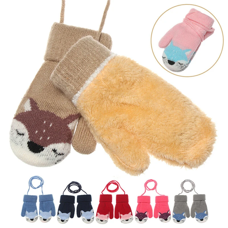 Children Gloves Cartoons For 1-3years Old Girls Boys Little Fox Winter Mittens Double-layer Knitted Wool Plus Velvet Warm Gloves