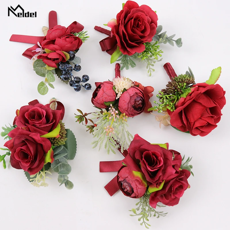 Meldel สีแดง Boutonniere งานแต่งงาน Bridesmaid สายรัดข้อมือผ้าไหมคุณภาพสูง Rose ดอกไม้ Corsages พรหมประดิษฐ์ดอกไม้สีแดง