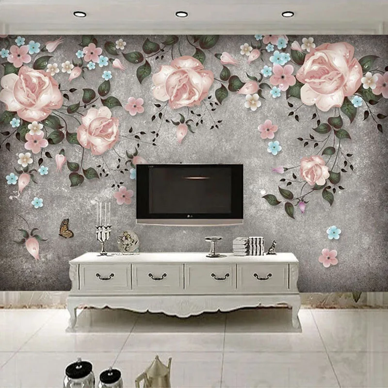 Custom Mural Retro Rose Flower Vine Hand Painted Wall Painting 3D Embossed Living Room TV Background Home Decor Wallpaper Floral