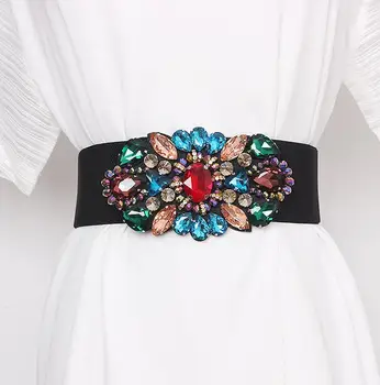 Women's Runway Fashion Rhinestone Beaded Elastic Cummerbunds Female Dress Corsets Waistband Belts Decoration Wide Belt R2985