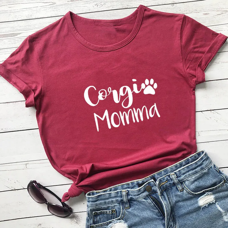 Corgi Momma Printed New Arrival Women\'s Funny 100%Cotton T-Shirt Dog Lover Shirts Corgi Lover Tees Gift for Dog Mom