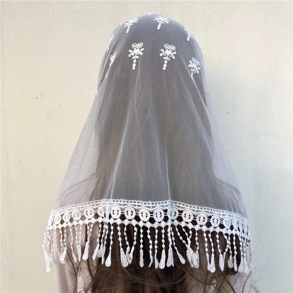 2024 White Black Women\'s Catholic Veil Jerusalem Muslim Elegant Ladies Lace Tassel Shawl Scarf Mantillas Veil Church Bridal Cape