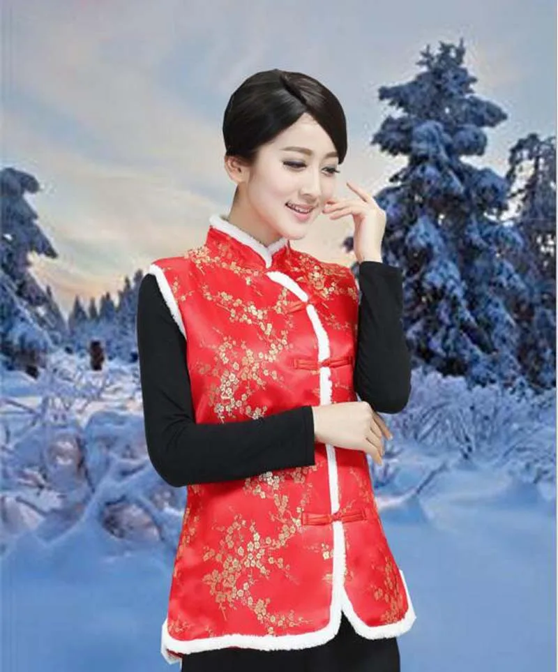 Venda quente novo chinês tradicional feminino algodão colete outono inverno jaqueta cetim tang terno senhoras casual vermelho manter roupas quentes