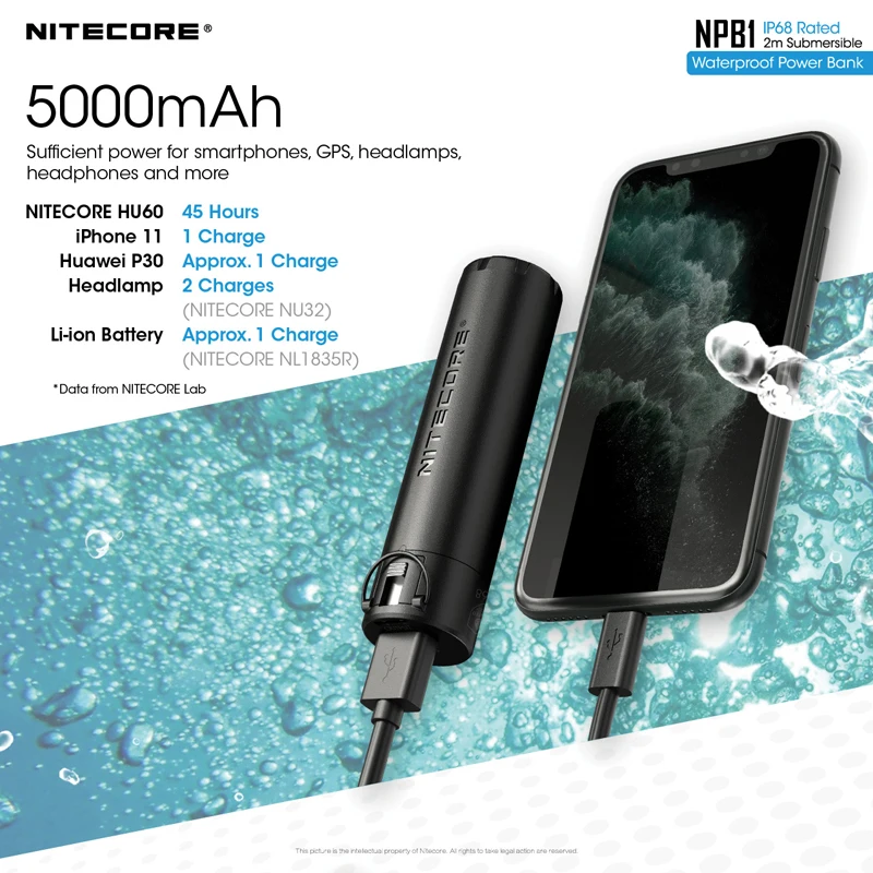 QC3.0 Output NITECORE NPB1 5000mAh IP68 Rated Waterproof Power Bank / Mobile Charger Certified by CE & FCC