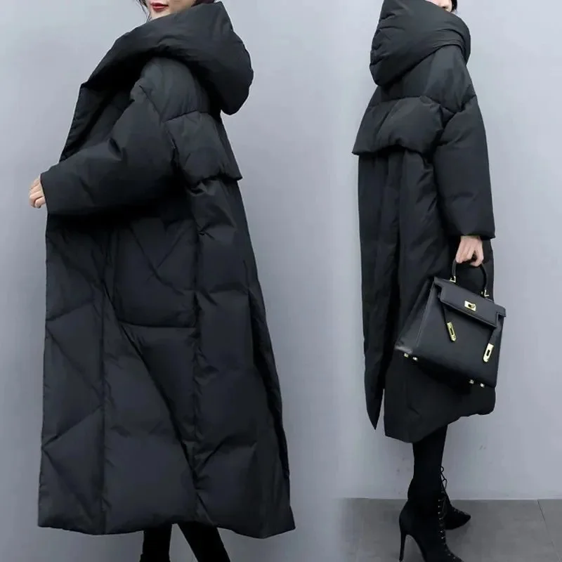 2022Winter New Women Fashion Korean Loose Mid-length Section The Knee Coat Fashion Black Down Cotton Jacket Female Thick A823