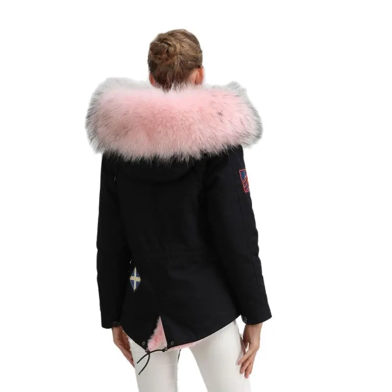 Jaqueta casual com estampa para mulheres, parka de pele curta, capuz rosa e preto, sra fur wear, transporte rápido