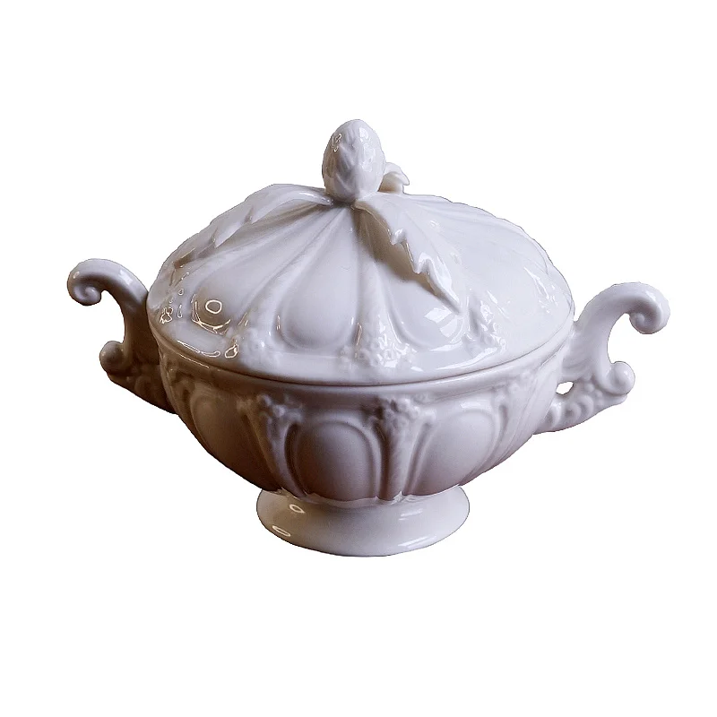 European retro style relief handle double ear milk can sugar jar with cover double ear bowl European bird's nest cup dessert bow