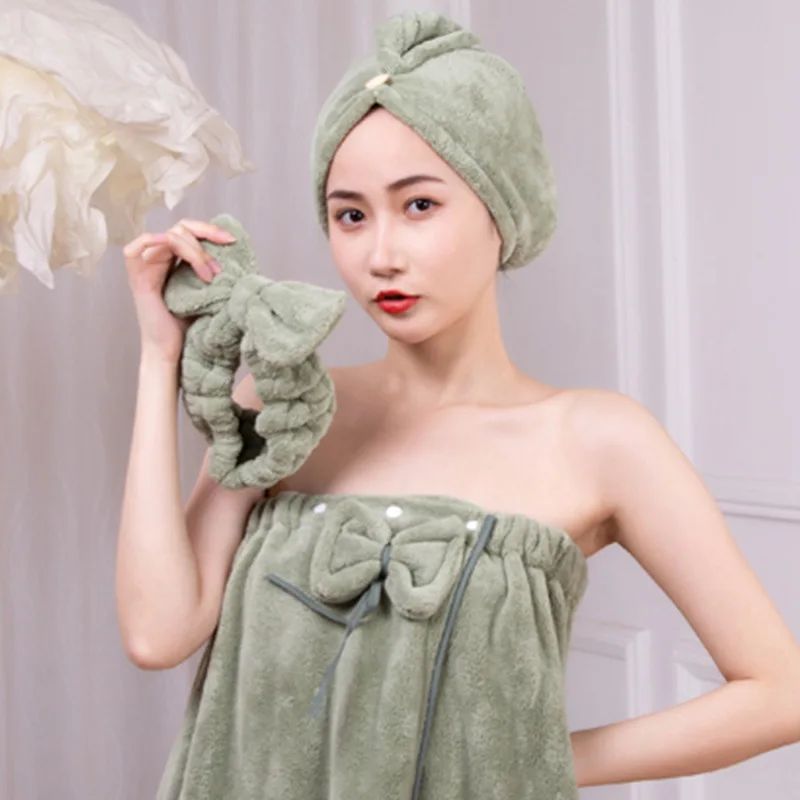 Cute Bow Bath Towel+Hair Towel+Hair band 3PCS Women Microfiber Bathing Bathrobe Absorbent Superfine Fiber Shower Set Quick Dry