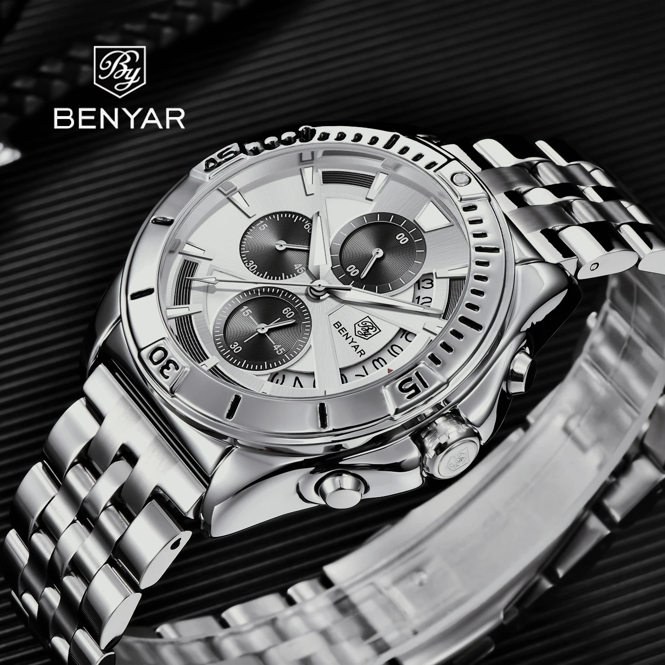 2021 Benyar Nieuwe Mode Casual Heren Quartz Horloge Rvs Holle Waterdichte Nachtlampje Wijzer Horloge Logio Masculino