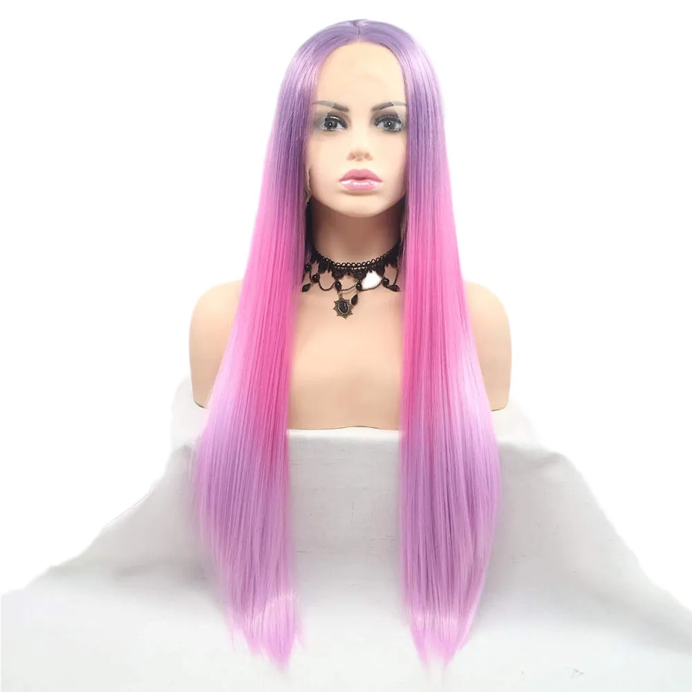 Pink Purple Synthetic Lace Wig for Girl Long Straight Multi Color Side Part Lace Front Wig Heat Resistant Fibre Makeup Wigs 24’’