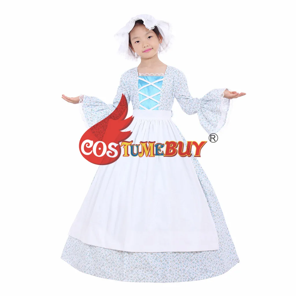 Costumebuy Reenactment Pioneer Prairie Colonial Maid Girls Kids Costume Carnival Victorian Medieval Cosplay Child Dress with Hat