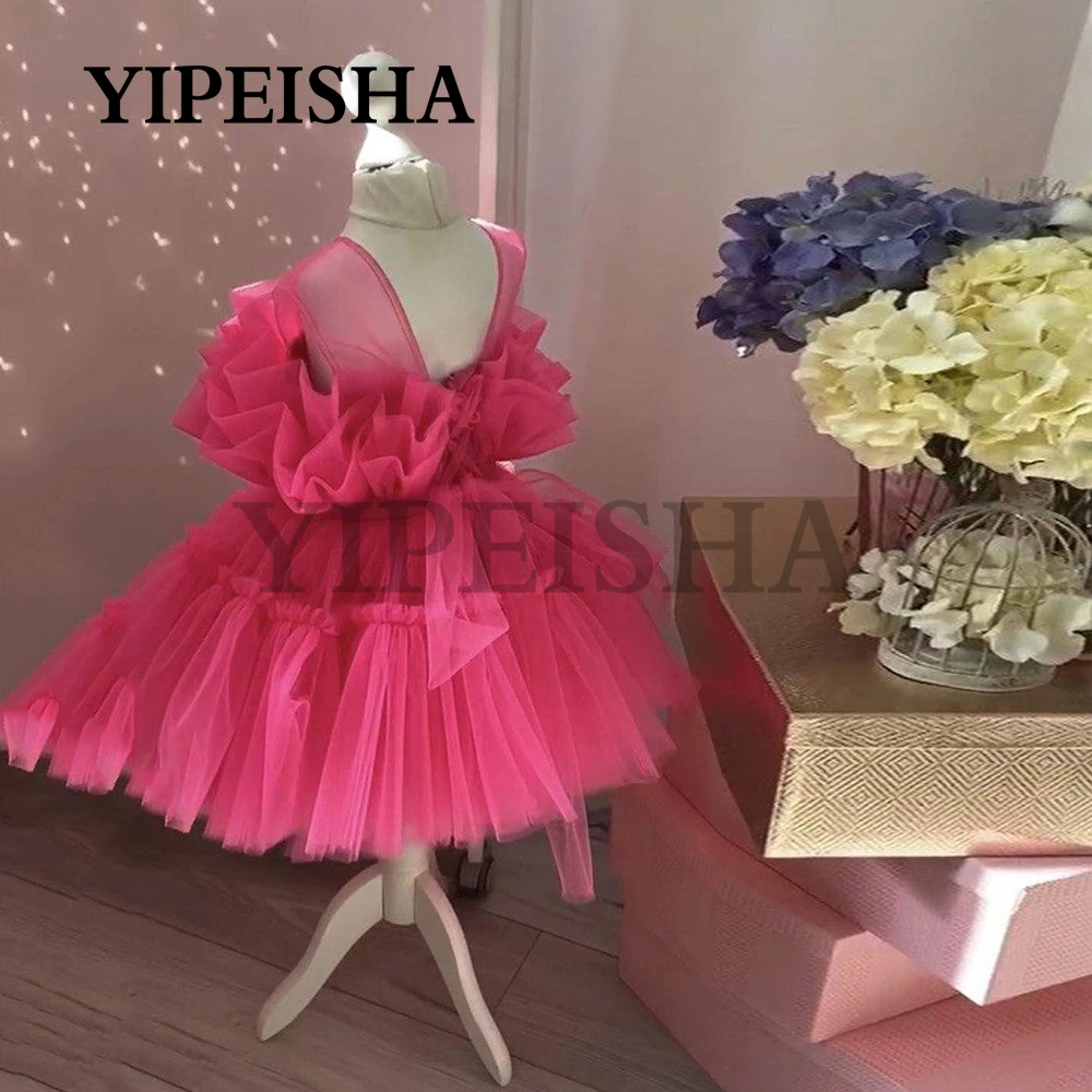 Vestido de fiesta sencillo sin mangas con cuello en V para niña, vestido de flores de tul, Rosa, con lazo