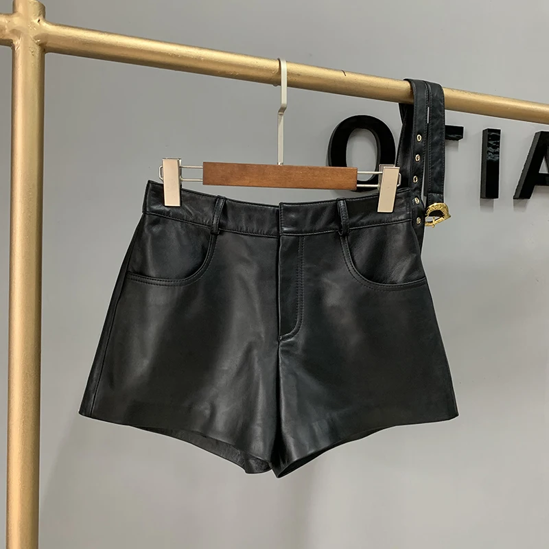Casual Sashes Genuine Leather Shorts Women Black Straight Sheepskin A-Line Shorts Autumn Winter Office Lady Wide Leg Shorts