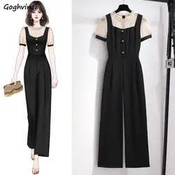 Jumpsuits Women Short Sleeve Overalls Long Straight Wide-leg Bottoms Fashion Summer Korean Style Patchwork High Waist Chic Daily