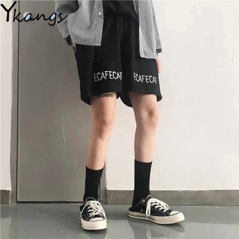 

Letter Print Wide-leg Shorts New Korean School Style Women's Sports Shorts Outdoor All-match Breathable Ladies High Waist Shorts