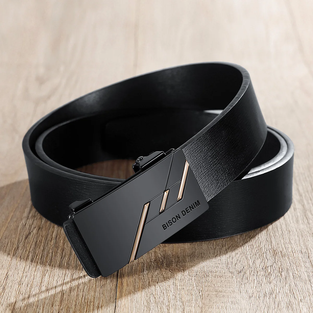 Bizon Denime Mannen Echt Lederen Riem Automatische Legering Gesp Riem Klassieke Mode Luxe Koe Echt Lederen Riem Voor Mannen N71581