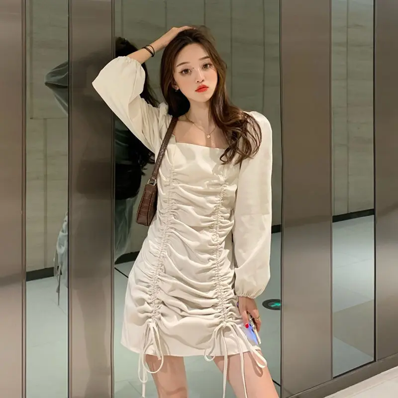 

Autumn 2024 High Waist Fashion Square Collar Long Sleeve Dress Women Woman Dresses Vestido De Mujer Femme Robe