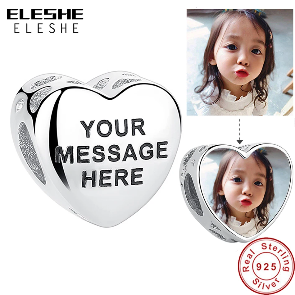 ELESHE Engrave Name Customize Photo 925 Sterling Silver Heart Charm Bead Fit Original Bracelet DIY Jewelry For Women 2021