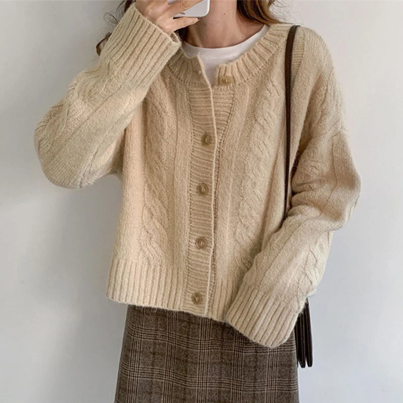 

Women's Short Style Cardigan Spring Autumn Round Neck Long Sleeve Ladies Sweaters Casual Single Breasted Knitted Wear for Female