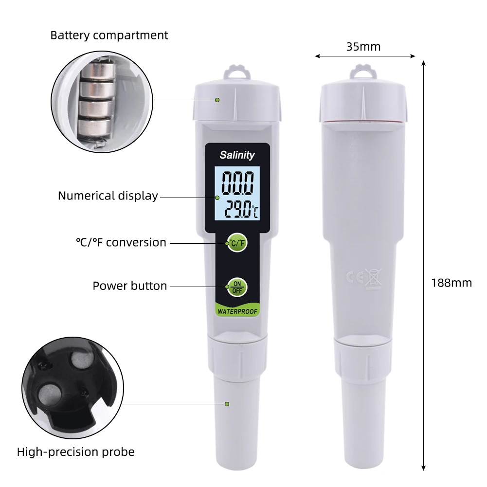 Digital Salinity Meter 0~199ppt Salt Content Tester LCD Display High Precision Salty Concentration Seawater Tester for Aquarium