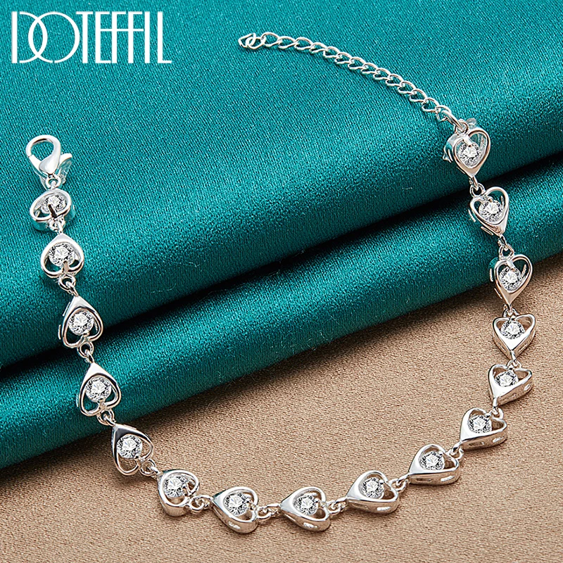 DOTEFFIL 925 Sterling Silver AAA Zircon Heart Chain Bracelet For Women Wedding Party Simple Fashion Girl Lady Christmas Jewelry