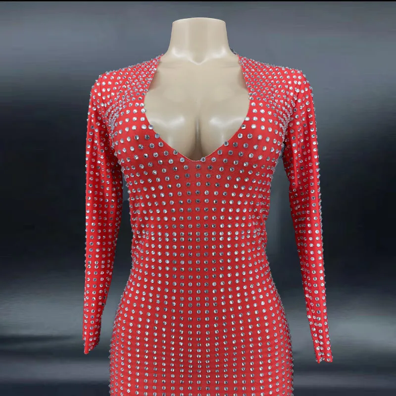 Vestido de mujer con diamantes de imitación rojos, vestido de noche Sexy para baile de graduación, vestido de tren para celebración de cumpleaños, bailarina y cantante