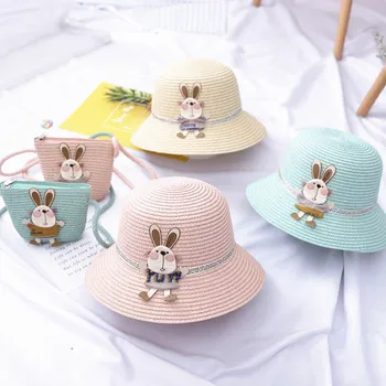여름 소녀 통기성 밀짚 모자 + 핸드백 세트, 어린이 아기 태양 모자 파나마 모자 Gorros 키즈 모자 만화 선 스크린 어깨 가방 