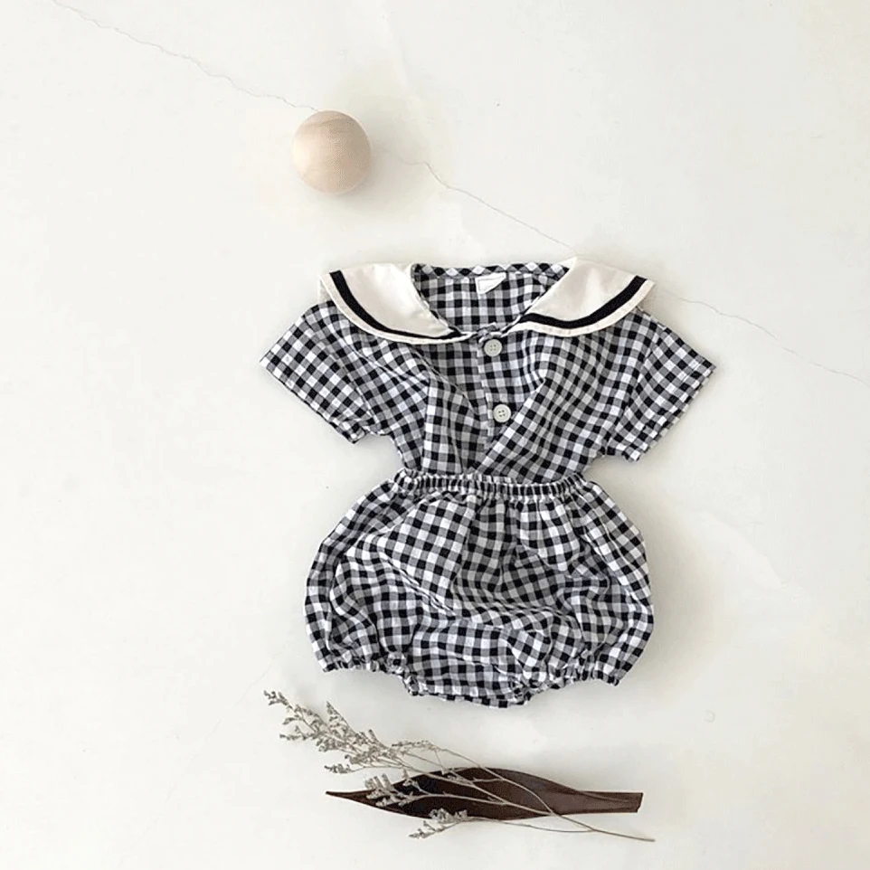 Baby Clothes Plaid tees and Cotton Bloomer 2Pcs Sets Trun-down Collar Toddler Suit Korean Infant Outfits