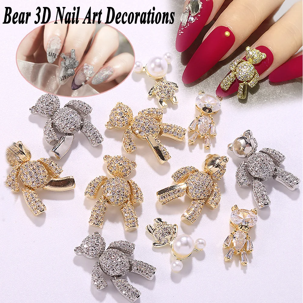 

3D Luxury Gold Silver Color Bear Alloy Zircon Nail Art Decorations Shiny Crystals Nail Jewelry Rhinestone Nails Accessories