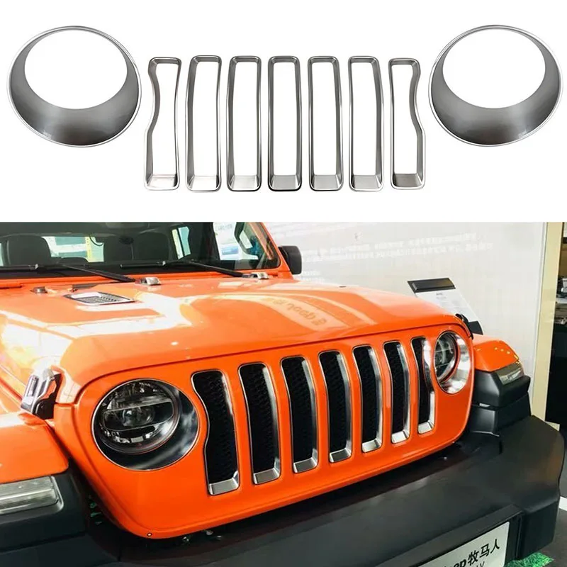 

For Jeep Wrangler JL 2018 2019 2020 ABS Silver matte Front Headlight Lamp+Grille Grill Cover Trim 9PC Car decoration accessories