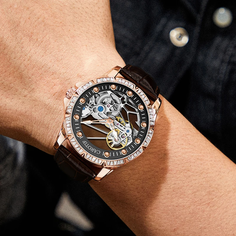 Men Fashion Transparent Men\'s Watch Mechanical Wristwatch Skeleton Automatic Watch for Men Business Leather Strap Clock relogio