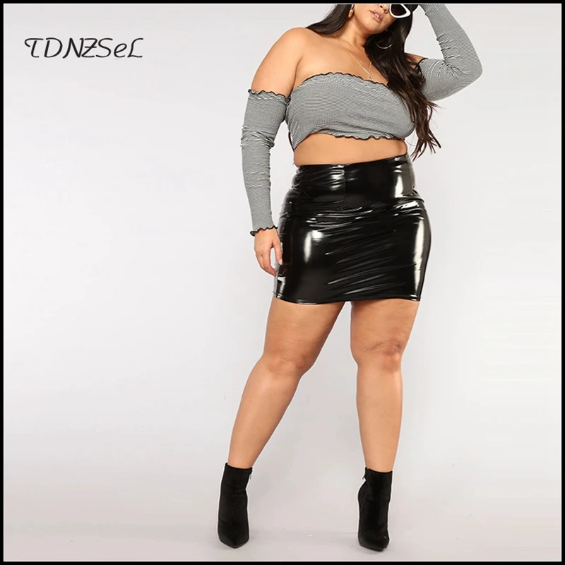 Sexy Faux Latex Leather Skirt Woman Zipper Bodycon Slim Mini Pencil Skirt High Waist Plus Size 3XL 4XL PU Shiny PVC Skirt Custom