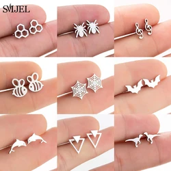 Punk Triangle Stainless Steel Stud Earrings for Women Unique Black Dinosaur Spider Bat Honeycomb Earings Music Ear Piercing