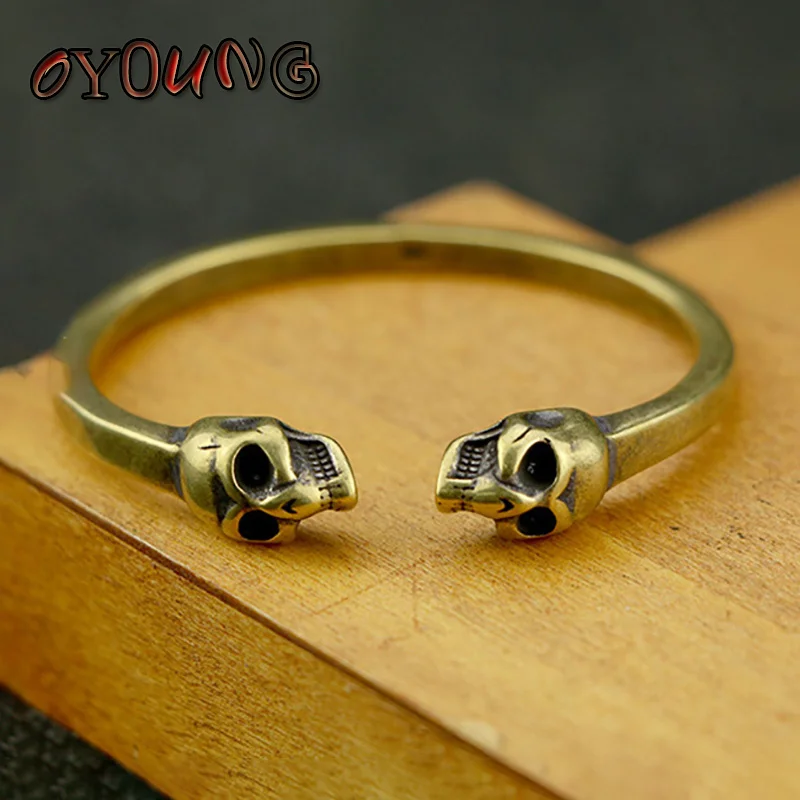 Punk Brass Skull Head Opening Bangle Bracelet Jewelry Fashion Accessories Retro Solid Copper Hip Hop Rock Bangles Cuff Bracelets