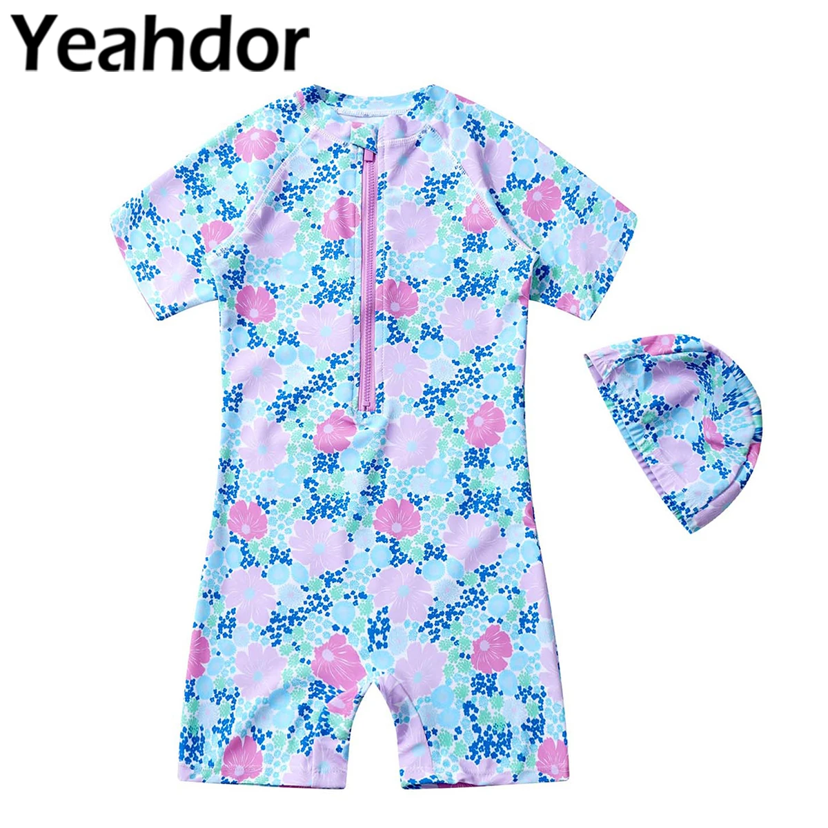 

2Pcs Kids Girls Swimwear Swimsuit Short Sleeves Front Zipper Shorts Jumpsuit with Swim Cap Set Beach Pool Swimming Bathing Suit