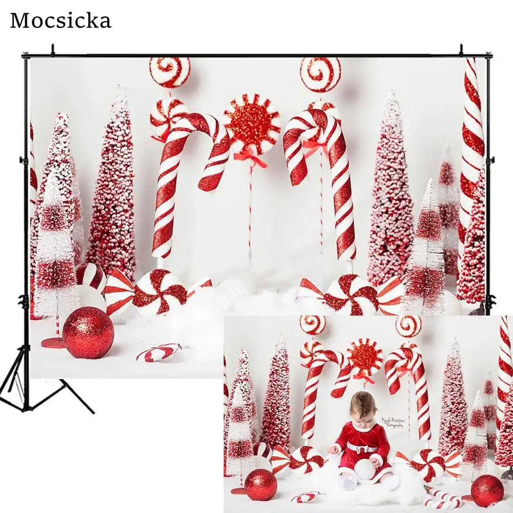 

Mocsicka Christmas Backdrop Candy Cane Newborn Photography Props Child Birthday Photo Background Cake Smash Backdrops Photocall