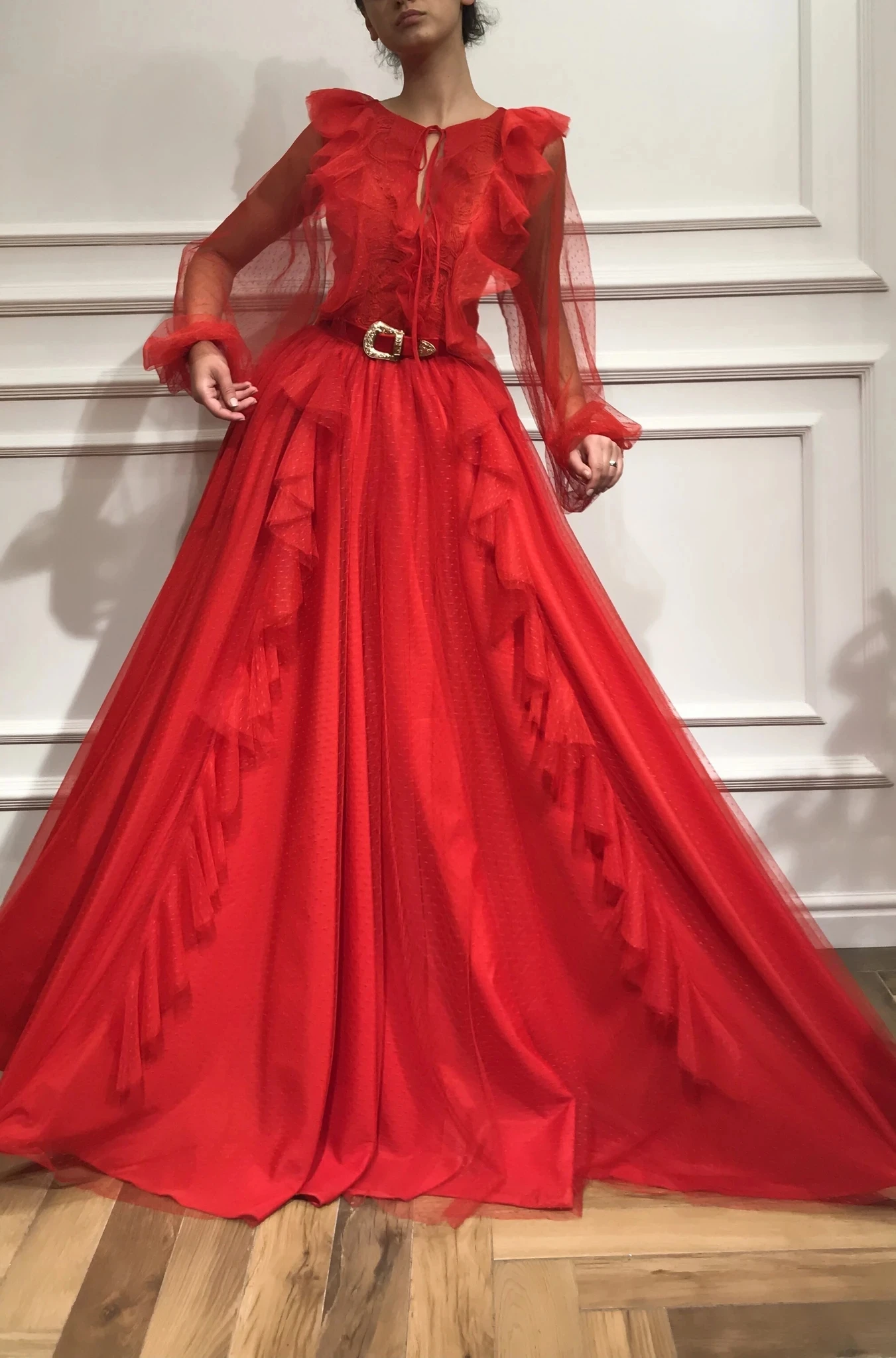 BridalAffair Red Tulle Ruffles Prom Dresses 2021 New Retro Long Sleeves Sashes A-Line Party Wedding Dresses