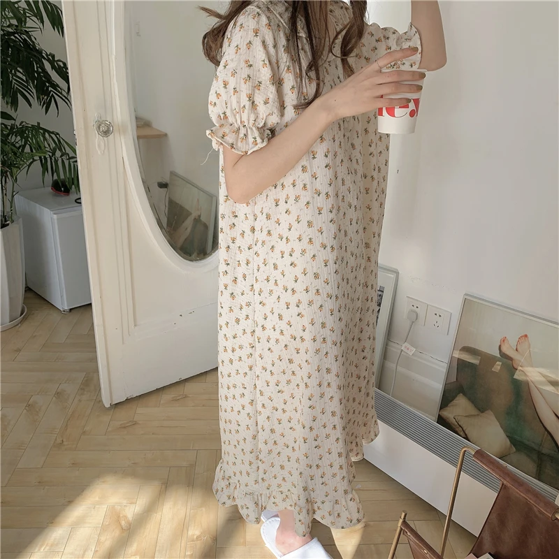 Zomer Bloemenprint Nachtjapon Vrouwen Katoen Homewear Jurk Ruches Korte Mouwen Nachthemd Losse Ins Home Kleding Sleepdress