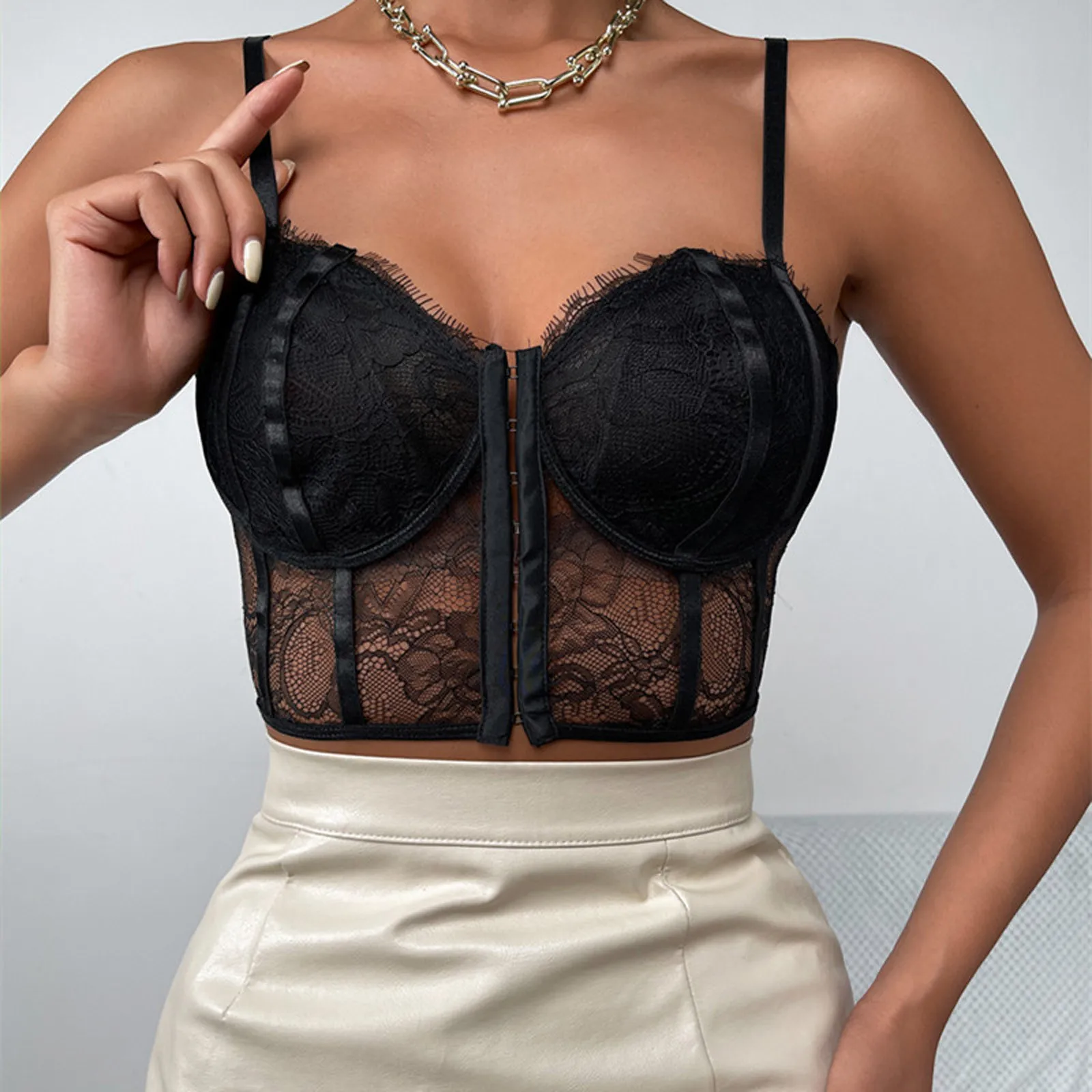 Sexy Embroidery Lace Women Camis Tops Women Corset Bralette Cami Front Buttons Crop Cute Vest Elegant French Chic Party Clubwear