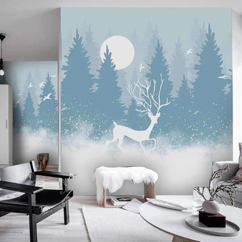 

Custom Mural Wallpaper Simple Hand Painted Forest Elk Flying Bird Children's Room Background Wall Painting