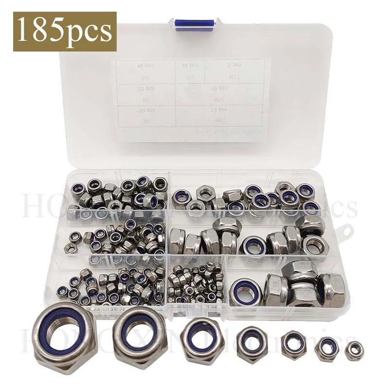 

185Pcs 304 Stainless Steel Metric Lock Nut Assortment Kit Perfect for Lock Washers, Nylon Insert Locknut M3 M4 M5 M6 M8 M10 M12