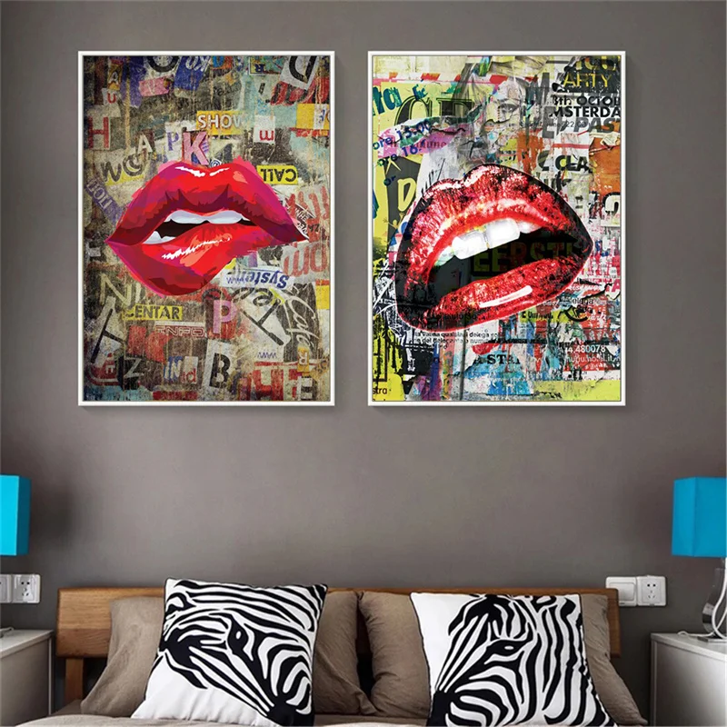 

Street Graffiti Pop Art Red Lips , White Teeth Poster and Print Bedroom Wall Art Decoration Picture for Room Home Cuadros Decor