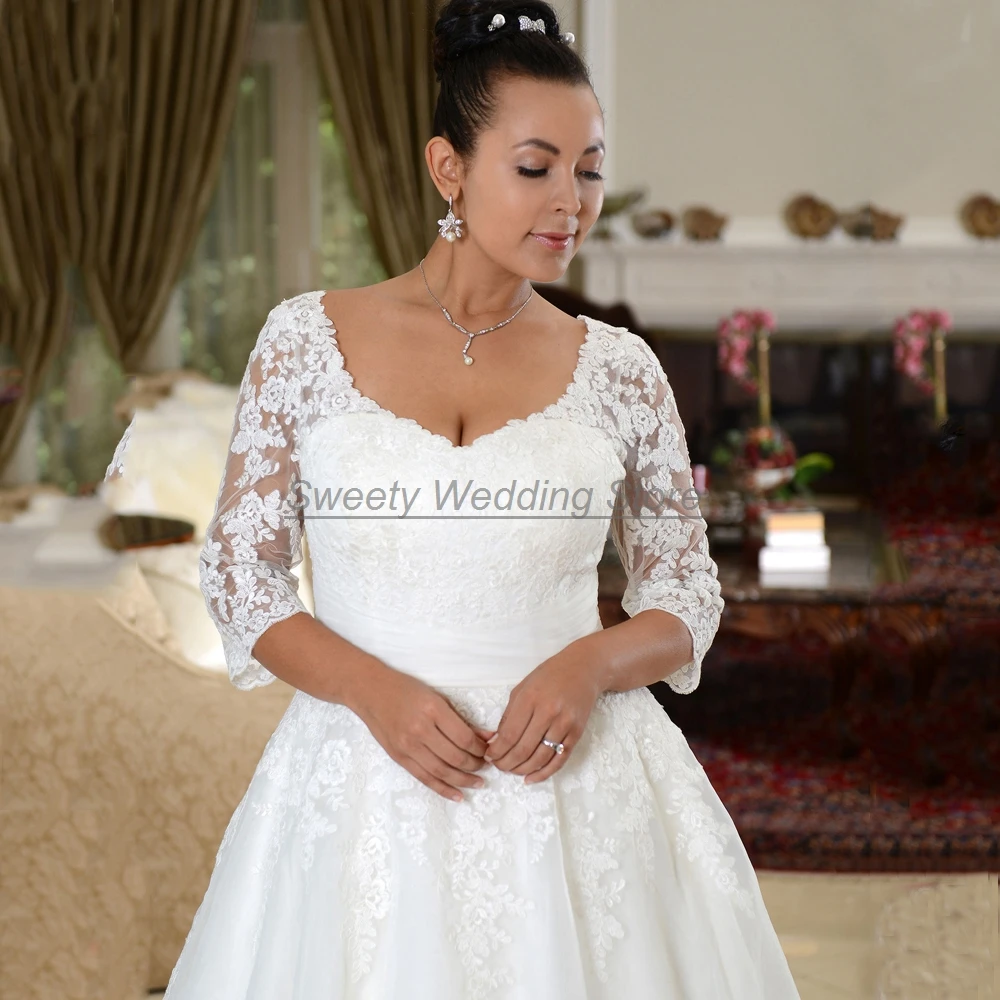 Classic Organza Wedding Dress Plus Size Deep V Neck 3/4 Sleeves Appliques A Line Court Train Bridal Gowns