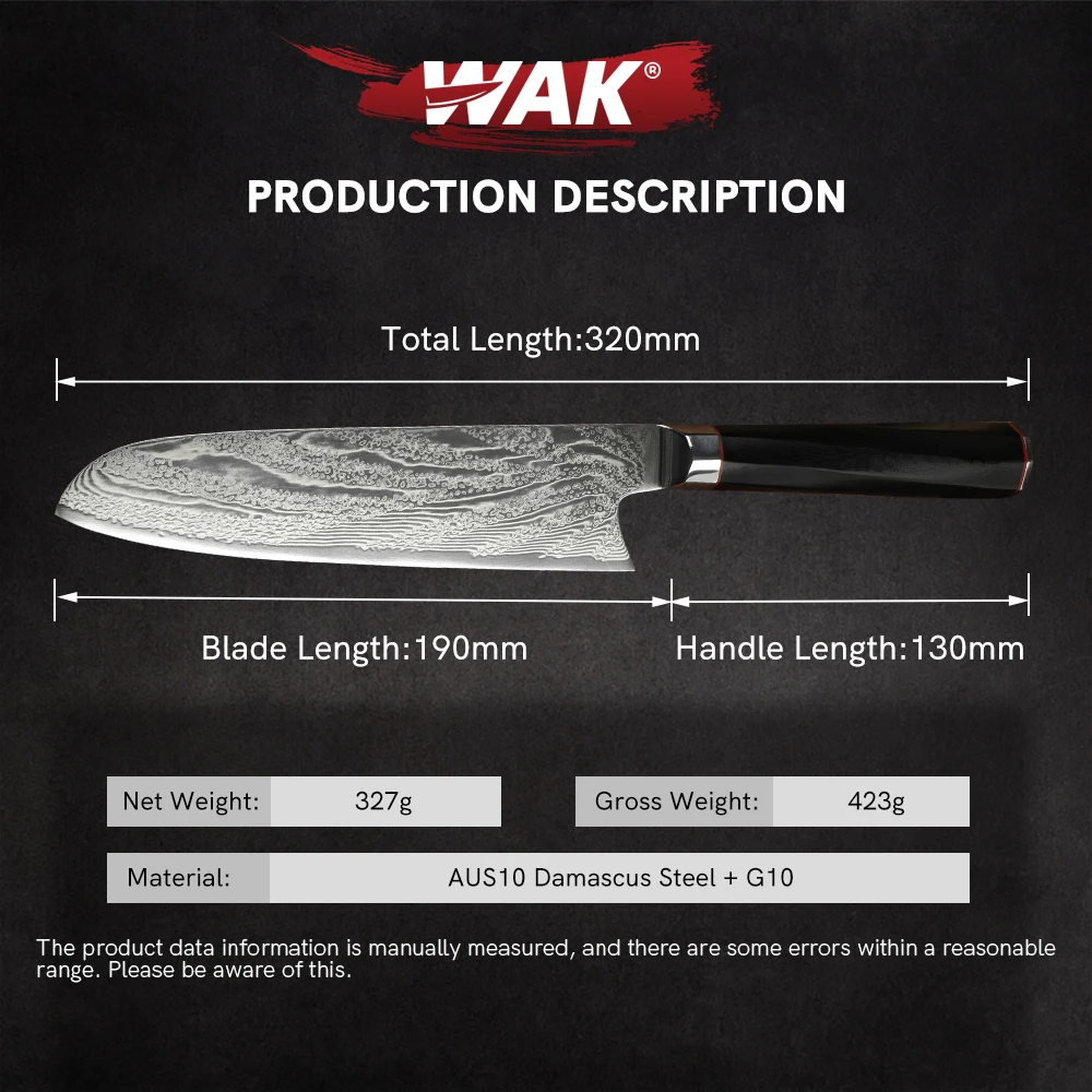 WAK Professional 7.5inch AUS10 Damascus Steel Santoku Knife Sharply 73Layers Kitchen Santoku Knife Preminum Black G10 Knife