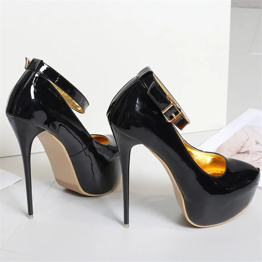 Super High Heels 16cm Buckle Women Shoes Autumn Round Toe Fashion Patent Leather Pumps Female Stiletto Platform Party Shoe Bride