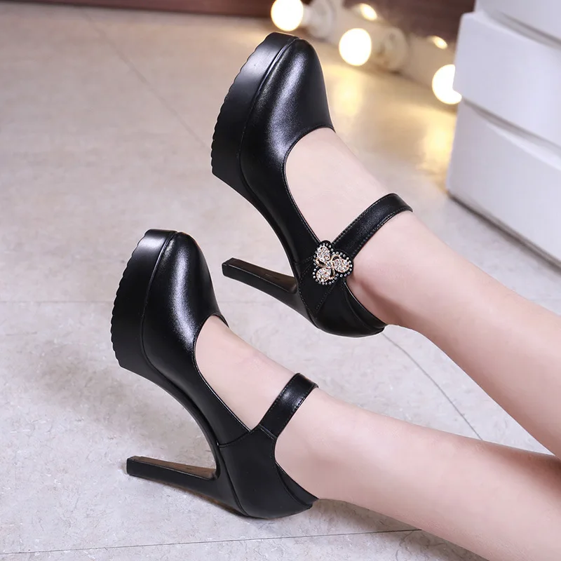 Women Shoes Cowhide Women's High Heel Shoes Pointed Toe Stiletto With Shallow Mouth Sexy Large Size Black Ladies Office Shoes